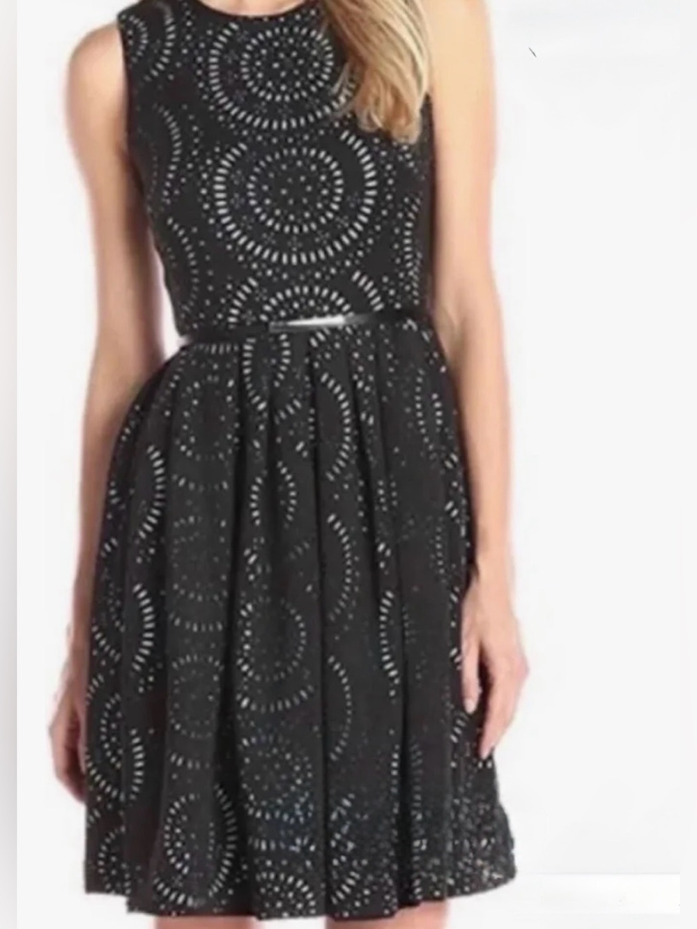 Calvin Klein Laser Cut A-Line Dress. Black Teal